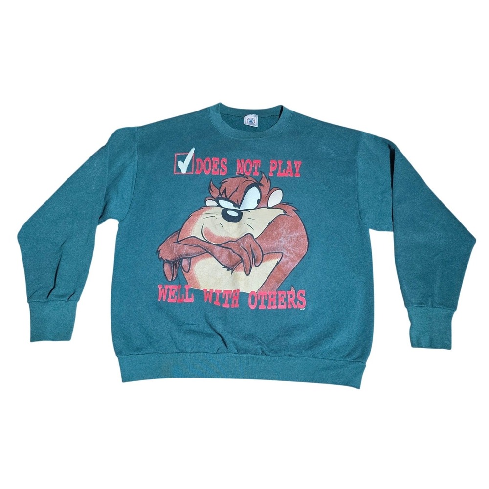 Vintage Taz Looney Tunes Delta Sweatshirt Large Green Does Not Play Well 90s